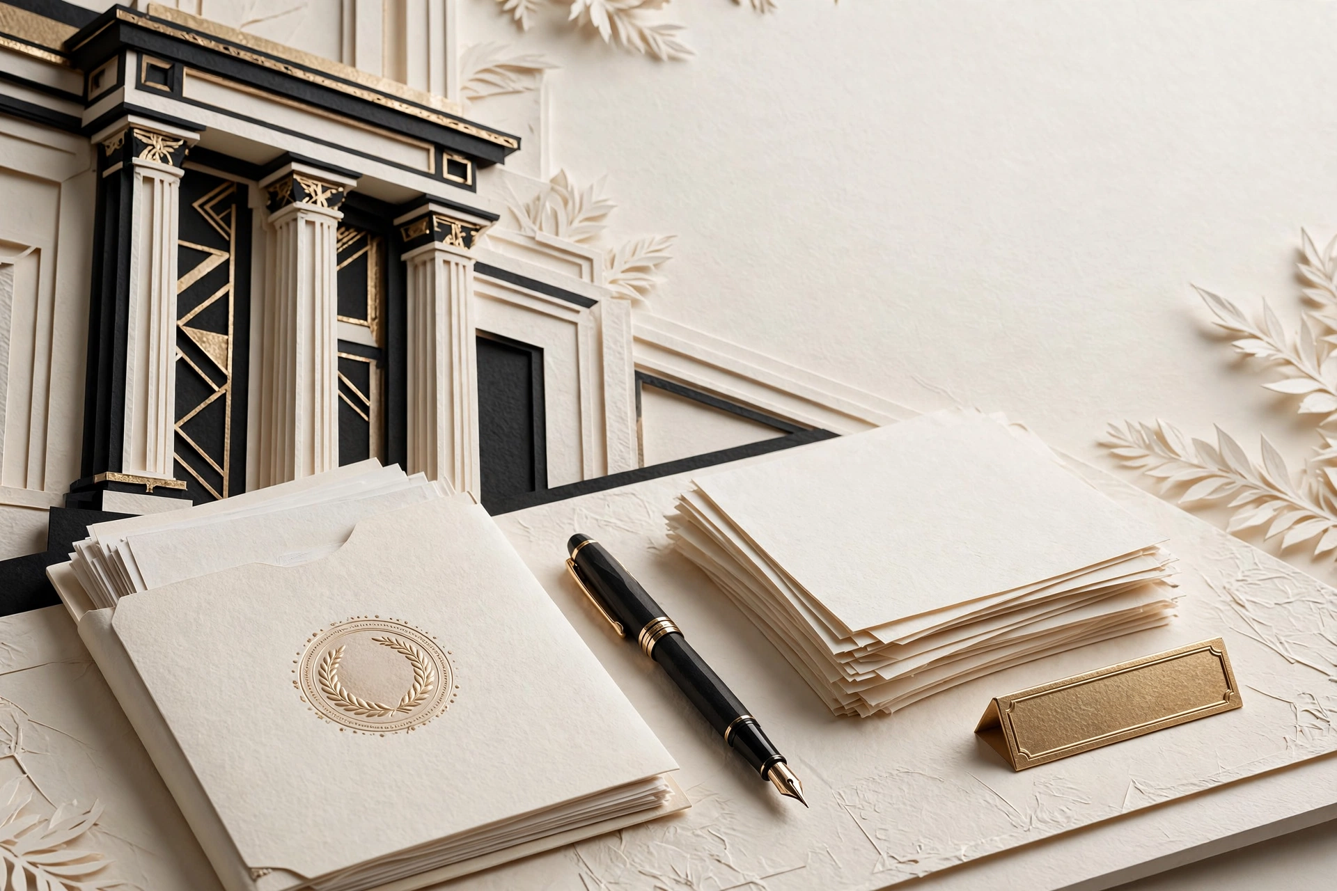 Certificate folder, incorporation papers and a fountain pen on a desk